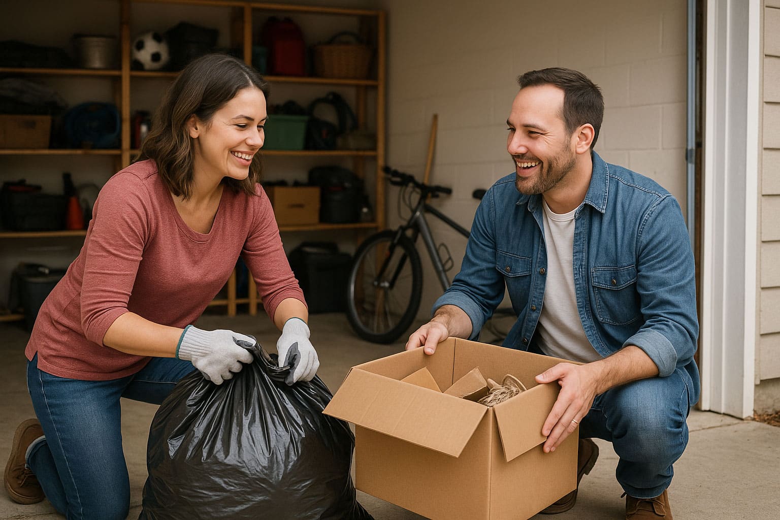 Smiling couple organizing their garage during decluttering, with the woman tying a trash bag and the man sorting items into a cardboard box.