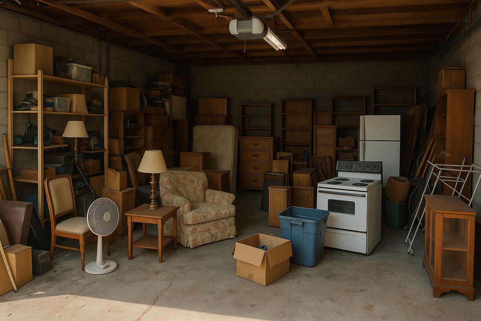 Cluttered garage filled with old furniture, appliances, and boxes awaiting junk removal