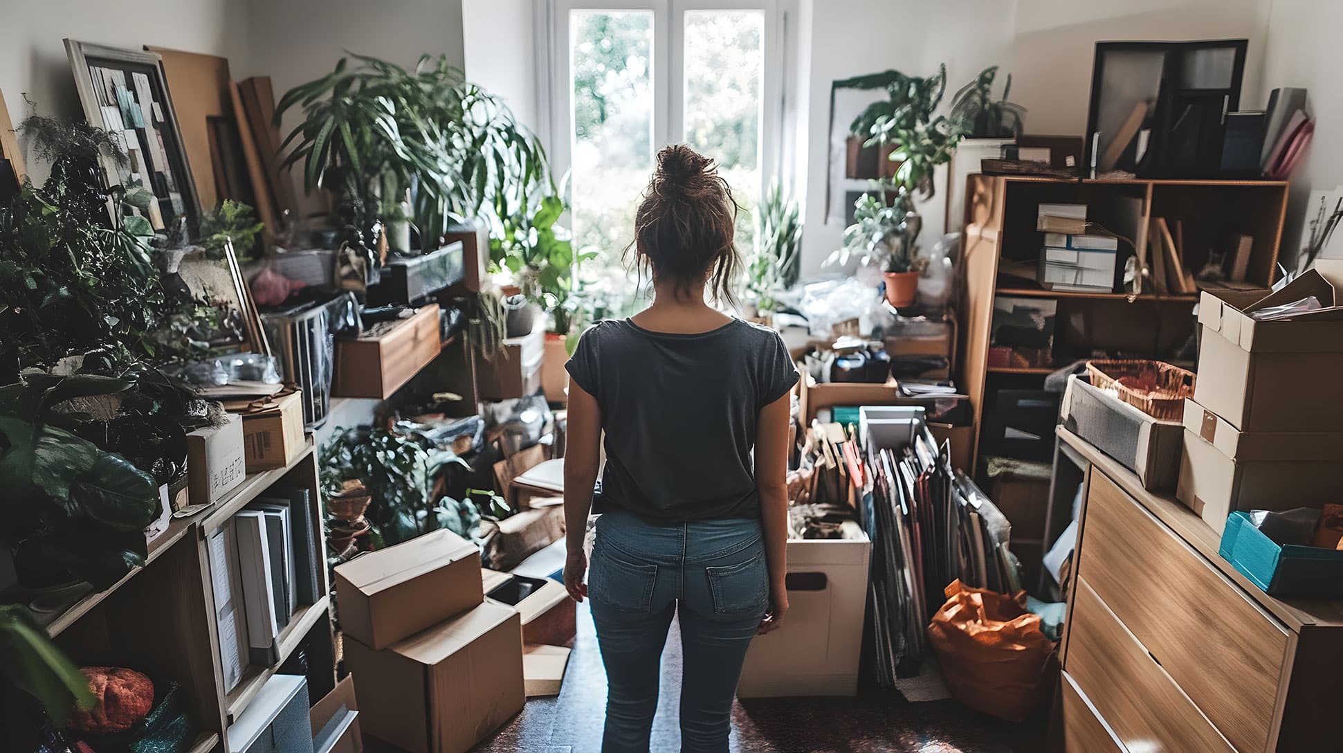 Woman standing in a cluttered room filled with boxes, plants, and household items, looking overwhelmed by the mess