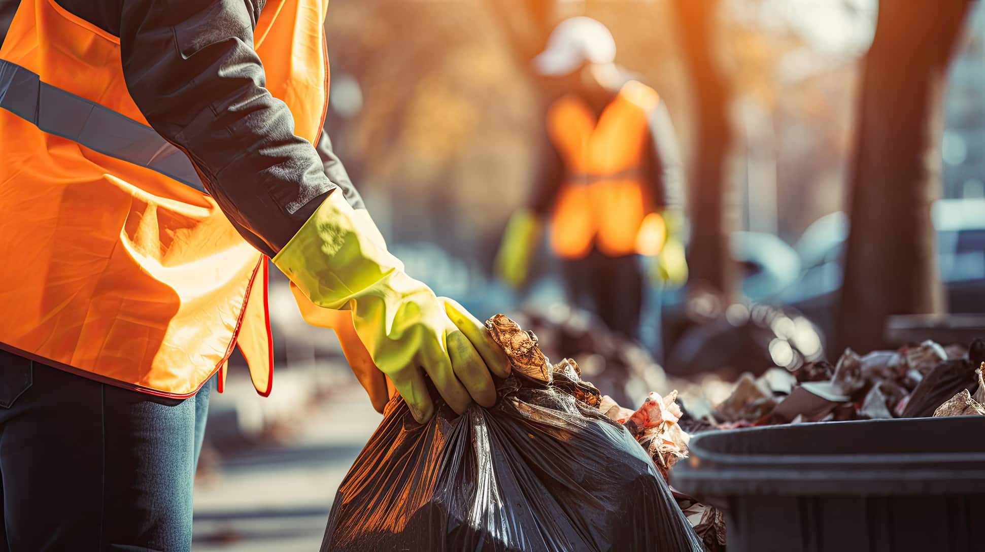 Worker in safety vest and gloves lifting a black trash bag during a junk removal cleanup