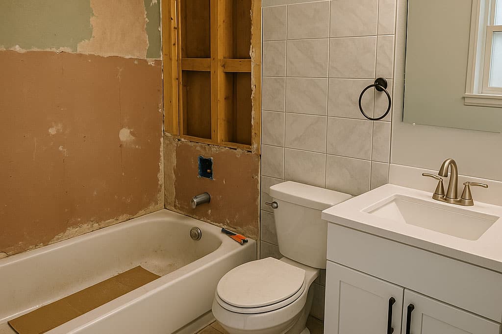 A small bathroom being remodeled.
