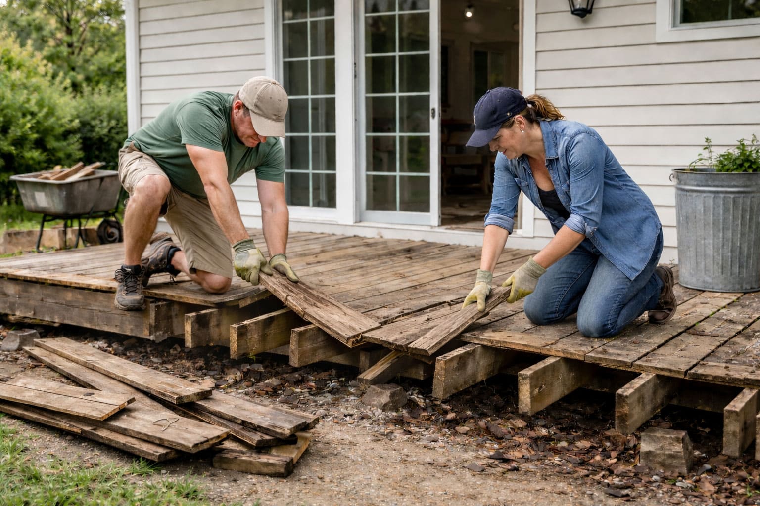 Man and woman removing old wooden boards from a damaged deck outside a house during renovation.