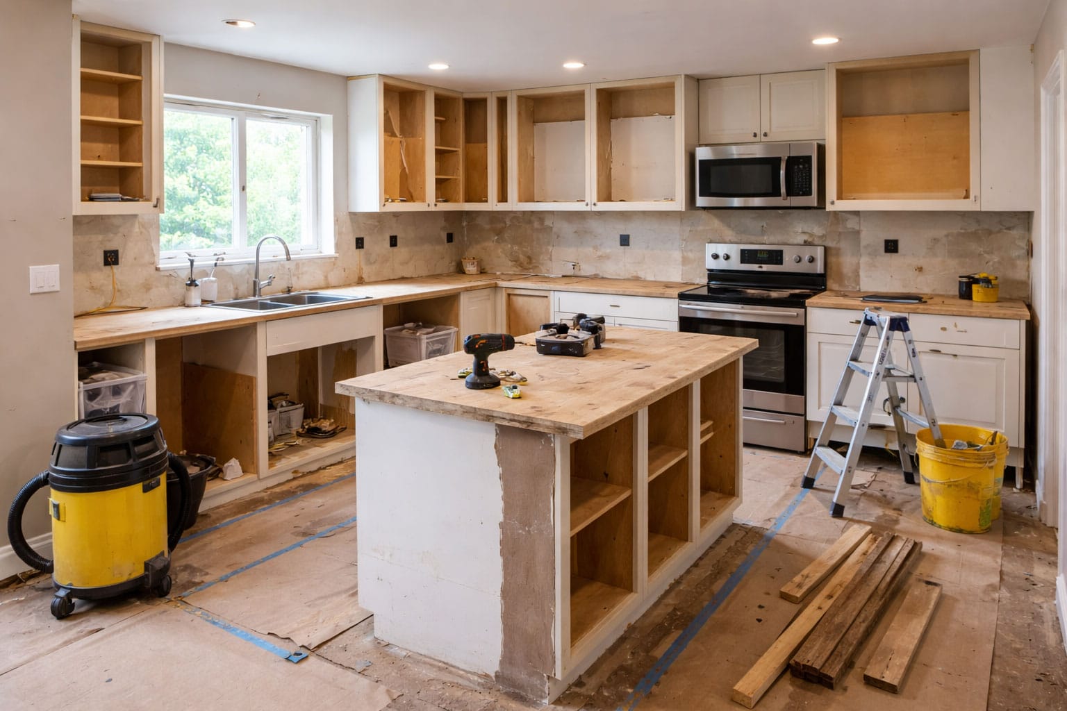 Kitchen under renovation with unfinished cabinets, construction tools on the island, and a vacuum, ladder, and wood planks scattered around.