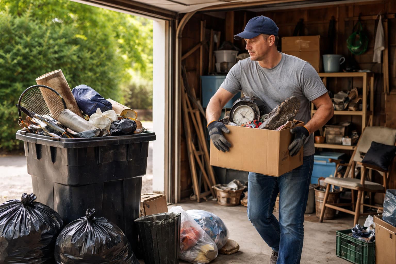Man cleaning out a garage and carrying a cardboard box filled with clutter next to an overflowing trash bin and garbage bags.