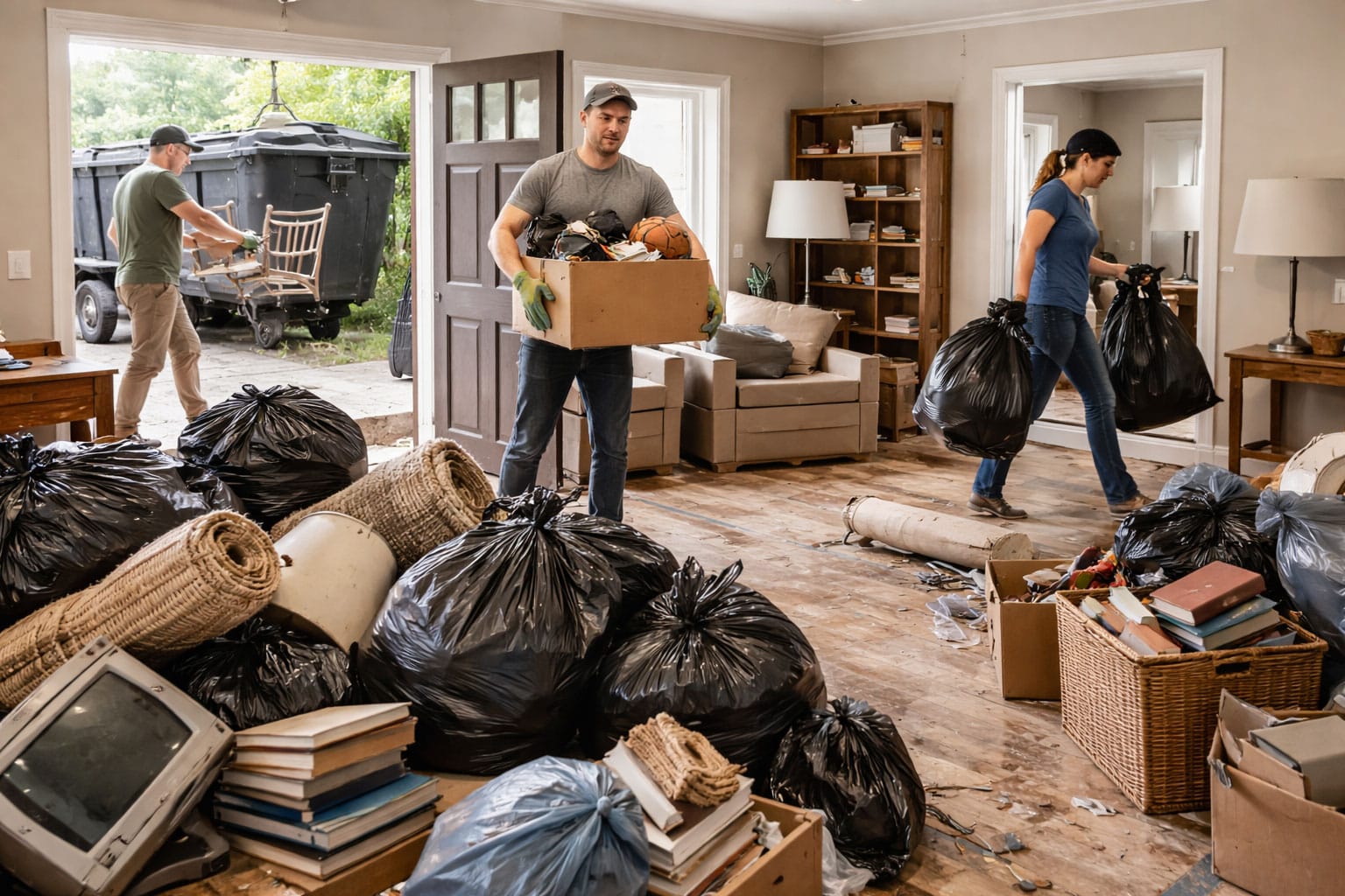 People cleaning out a cluttered living room, carrying trash bags and boxes filled with junk toward a large outdoor dumpster.
